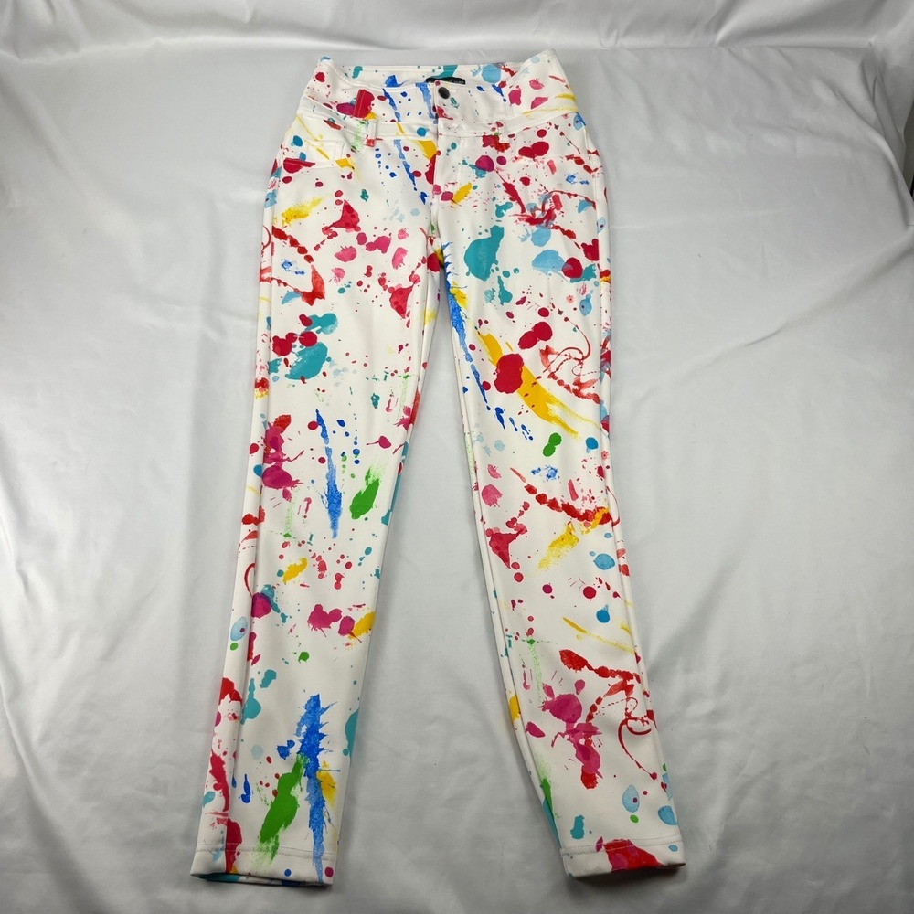 Abstract Splatter Print White Multicolor Straight Leg Pants Women's L Art Wear